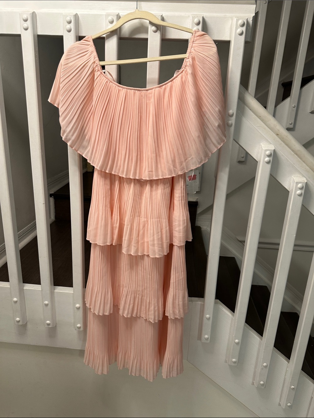 B. Darlin Pleated Off-Shoulder Dress in Light Peach
